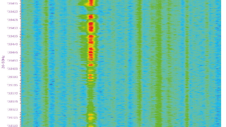 AP Sensing DAS spectrogram displaying acoustic events from 20-50Hz over time AP Sensing DAS spectrogram displaying acoustic events from 20-50Hz over time