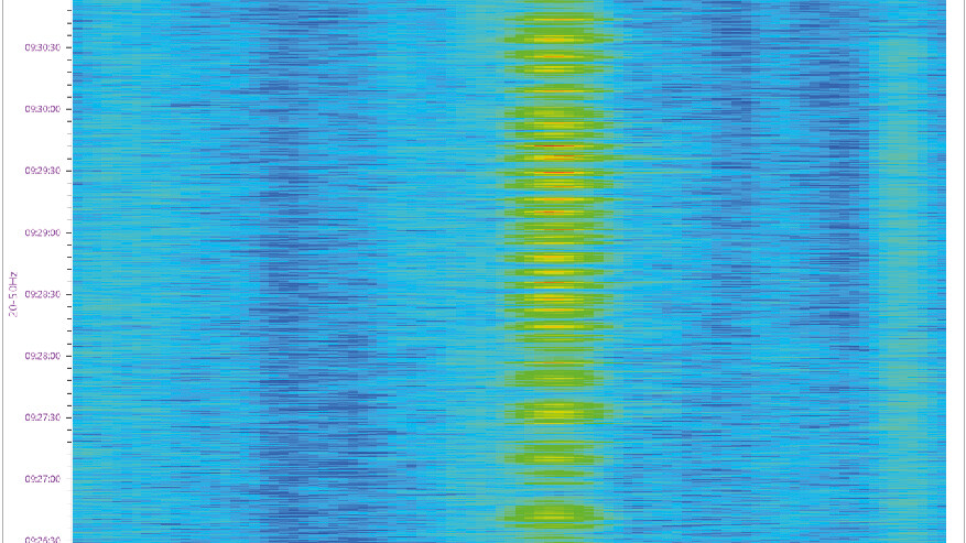 DAS data spectrogram depicting a sustained acoustic event detected by AP Sensing solution DAS data spectrogram depicting a sustained acoustic event detected by AP Sensing solution