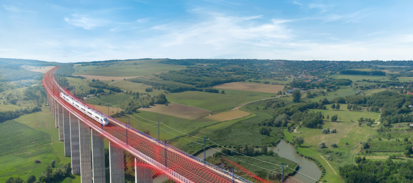 High-speed train on a viaduct, illustrating AP Sensing's fiber optic railway monitoring High-speed train on a viaduct, illustrating AP Sensing's fiber optic railway monitoring