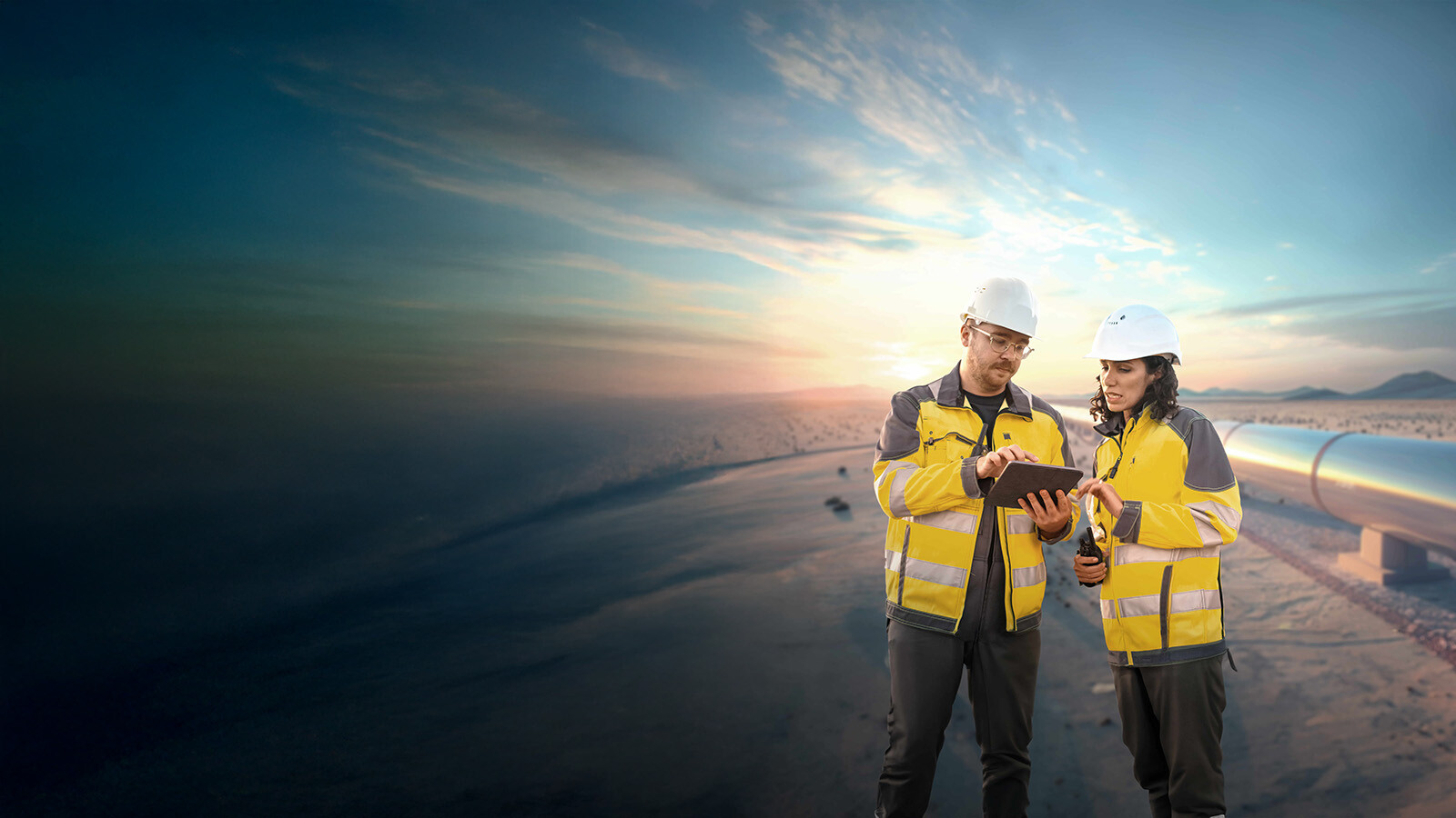 Engineering team in front of a pipeline