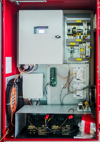 Interior view: AP Sensing fiber optic linear heat fire detection system cabinet components Interior view: AP Sensing fiber optic linear heat fire detection system cabinet components