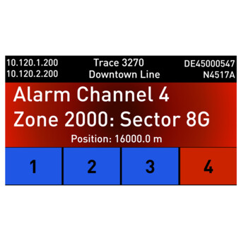 AP Sensing Überwachungsanzeige: Alarm Kanal 4, Zone 2000, Position 16000 m AP Sensing Überwachungsanzeige: Alarm Kanal 4, Zone 2000, Position 16000 m