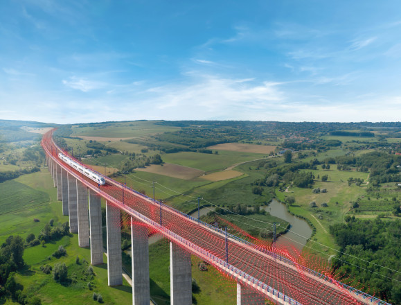 High-speed train on a viaduct, illustrating AP Sensing's fiber optic railway monitoring High-speed train on a viaduct, illustrating AP Sensing's fiber optic railway monitoring