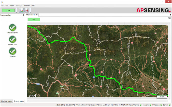 SmartVision interface with a map view of the BRUA pipeline route