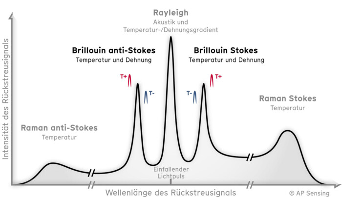 Messspektrum faseroptischer Rückstreusignale (Rayleigh, Brillouin, Raman) für Temperatur- und Dehnungsmessung Messspektrum faseroptischer Rückstreusignale (Rayleigh, Brillouin, Raman) für Temperatur- und Dehnungsmessung