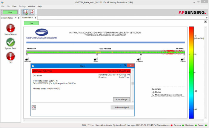 Figure 2: Representation of the asset viewer in SmartVision related to (top) the new pipeline between Taif and Abu Raka, and (bottom) the existing pipeline between Abu Raka and Al Baha with alarm notifications triggered by real TPI events. AP Sensing SmartVision DAS pipeline monitoring interface showing leak/TPI alarm