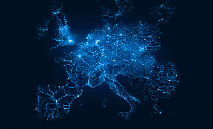 A glowing map of Europe's infrastructure network, monitored and secured by AP Sensing fiber optic sensing A glowing map of Europe's infrastructure network, monitored and secured by AP Sensing fiber optic sensing