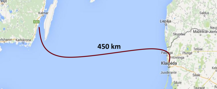 450 km route map across Baltic Sea from Kalmar to Klaipeda. Ideal application for AP Sensing fiber optic monitoring 450 km route map across Baltic Sea from Kalmar to Klaipeda. Ideal application for AP Sensing fiber optic monitoring